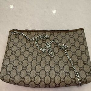 Gucci Beige Monogram Wristlet with Silver Chain